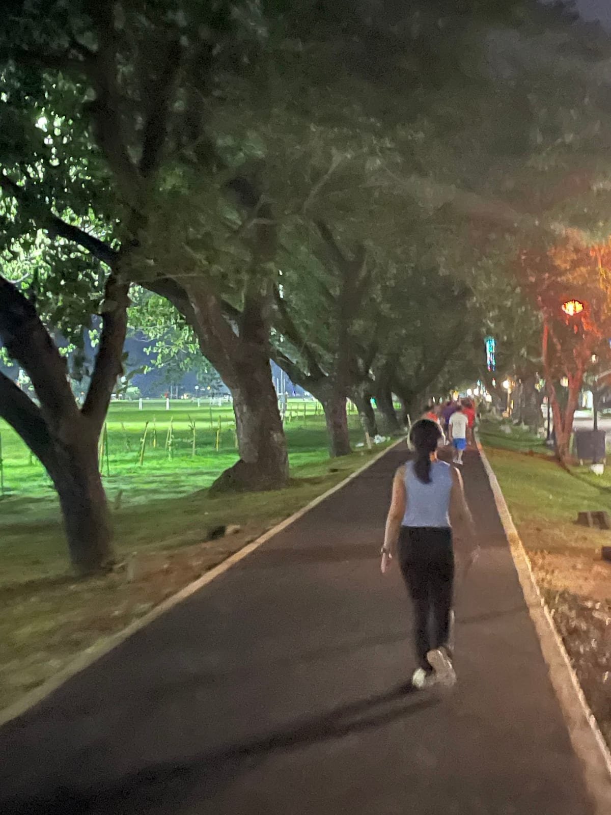 Đường đi bộ rợp bóng cây cạnh khu Parade Grounds tại Clark, Philippines vào buổi tối