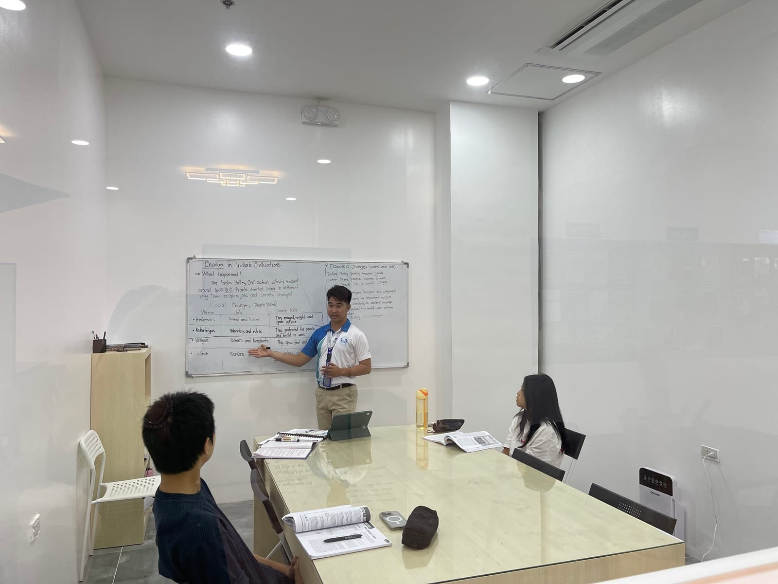 A group class, teacher explaining at the whiteboard